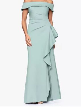 Xscape Off-Shoulder Ruffle-Trim Maxi Dress in Sage